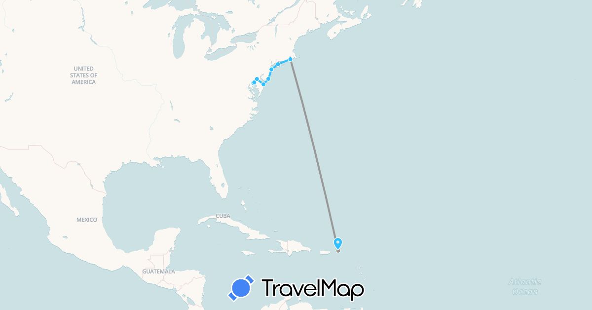 TravelMap itinerary: plane, boat in United States, British Virgin Islands (North America)